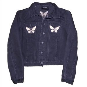 Buffalo Jean Jacket Medium, Black, Butterfly & Swallow Embroidery